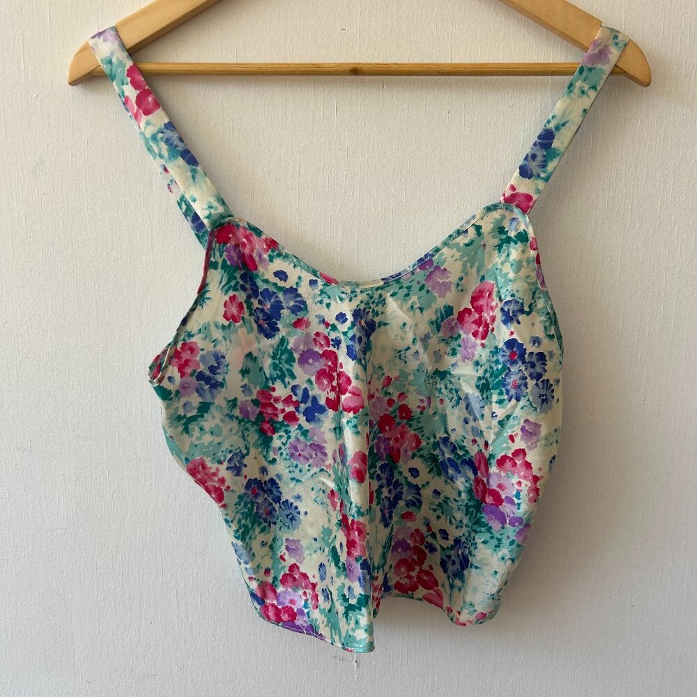 VTG Y2K Cropped Satin Tank Top Womens Small Blue Floral Sweetheart Neck PINX‎